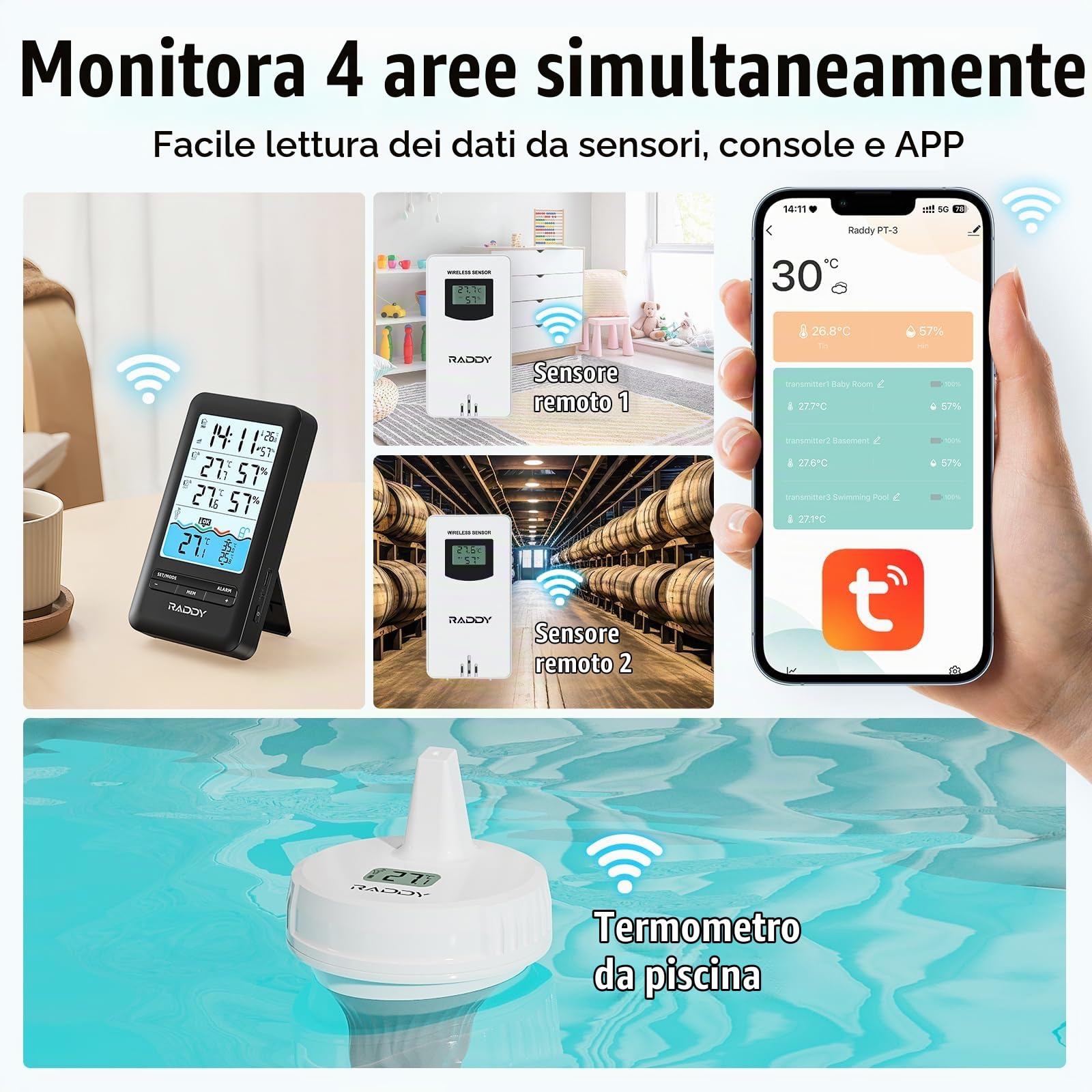 Raddy PT-3 Wi-Fi Termometro per piscina galleggiante, monitoraggio remoto tramite APP, Ampio display digitale di facile lettura, con 2 sensori aggiuntivi, per piscine interne ed esterne