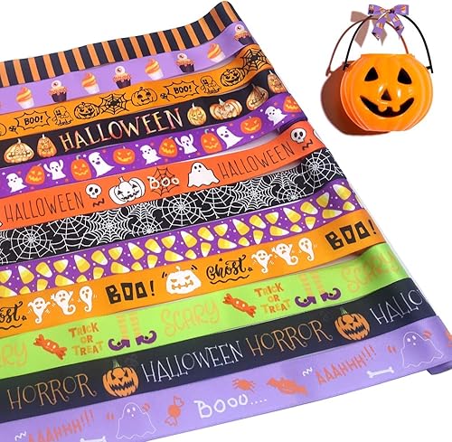 Cintas de Halloween de 12 yardas, cintas de grogrén impresas con calabaza de Halloween de 34 pulgadas de ancho, cintas de grogrén de satén de otoño