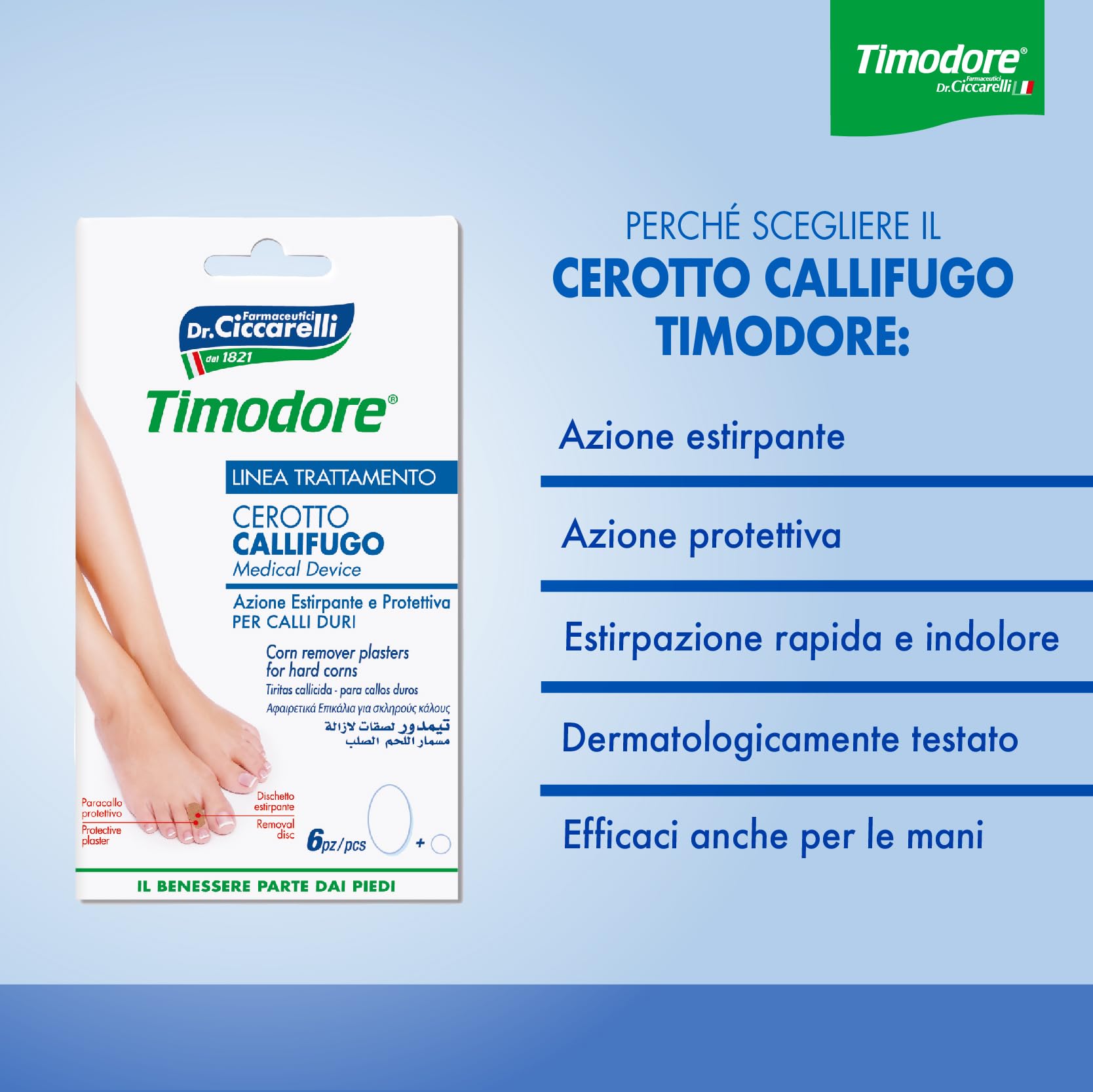 Timodore, Apósitos para Callos Duros, Indicados para Eliminar los Callos Duros de los Pies Sin Dolor, También Aptos para las Manos, 100% Made in Italy, Dermatológicamente Testado, 6 unidades
