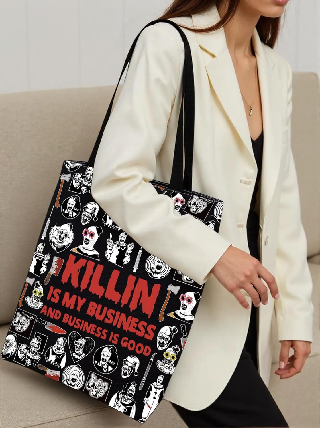 KUIYAI Clown Movie Merchandise Inspired Tote Bag KillerClown Canvas Bag Horror Movie Lover Gift Art Scary Clown Character Gift (BusinessGoodToteBlk) - Image 2