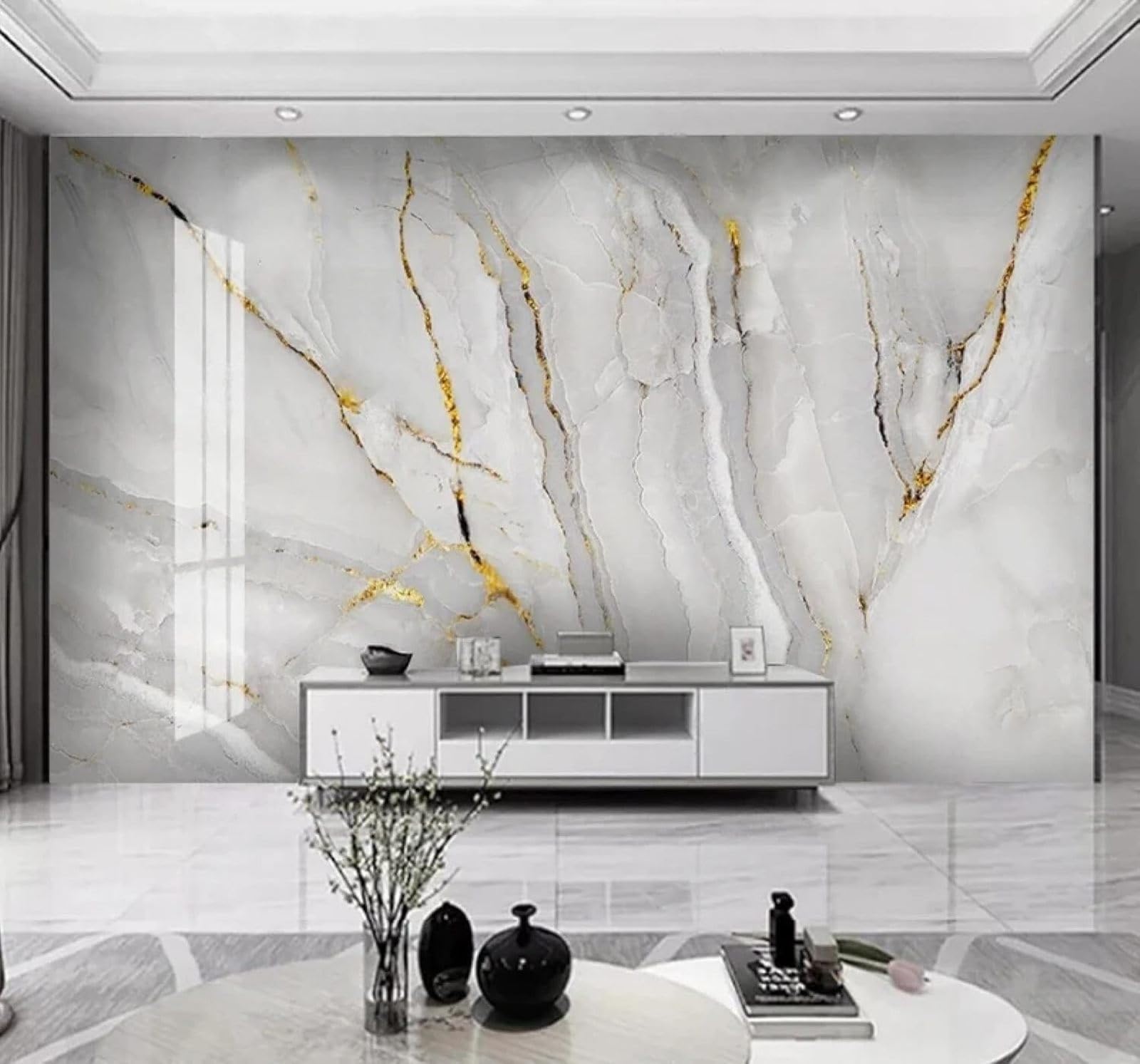 Xlming 300Cm×210Cm(B×H) Luxury Gold White Marble Effect Landscape 3D Wallpaper Luxury Home Dining Decor Paste Sofa Living Room The Wall For Bedroom Mural-300Cm×210Cm