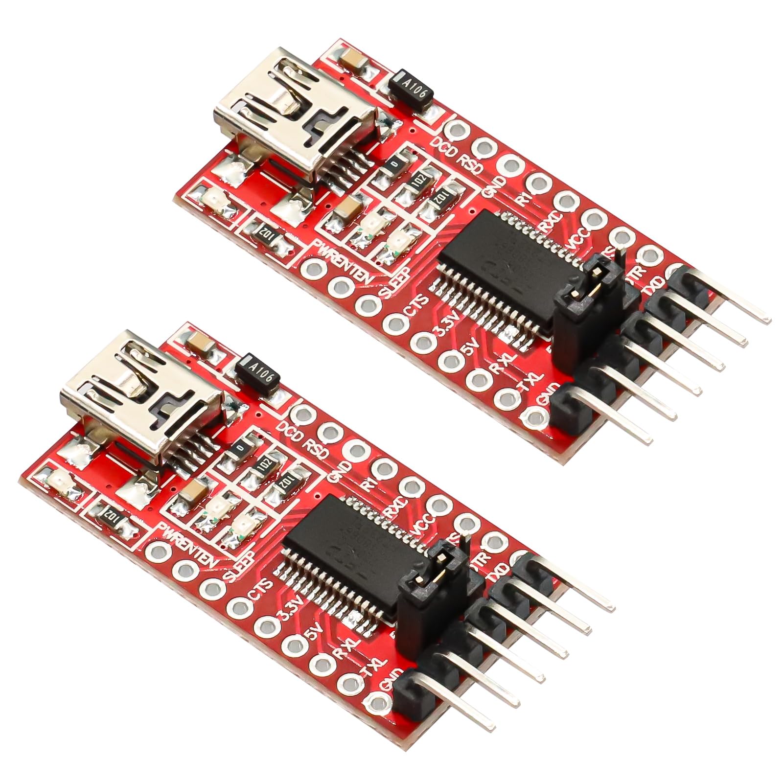 FT232RL USB to TTL Serial Converter Adapter Module 3.3V 5V Mini Port FT232RL USB to Serial Mini USB to TTL Adapter for Arduino and Raspberry Pi(2 PCS)