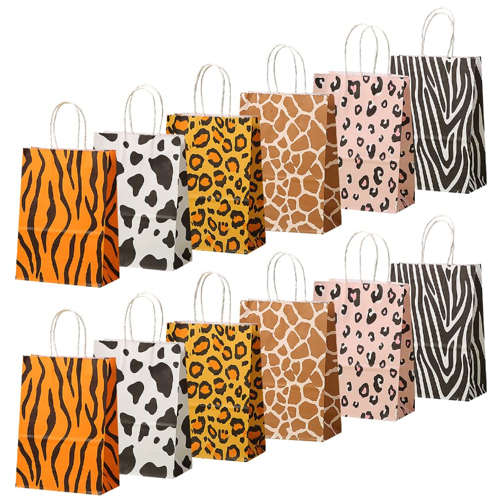 12 Pcs Animal Party Favor Gift Bags With Leopard and Cow Print - Jungle Themed Treat Goodie Bags Mix