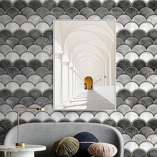 Miniatura 2 de Papel tapiz de escamas de pez 3D de 17.7 x 236 pulgadas, papel tapiz de escamas de sirena gris, autoadhesivo, acuarela, olas de mar, escamas de