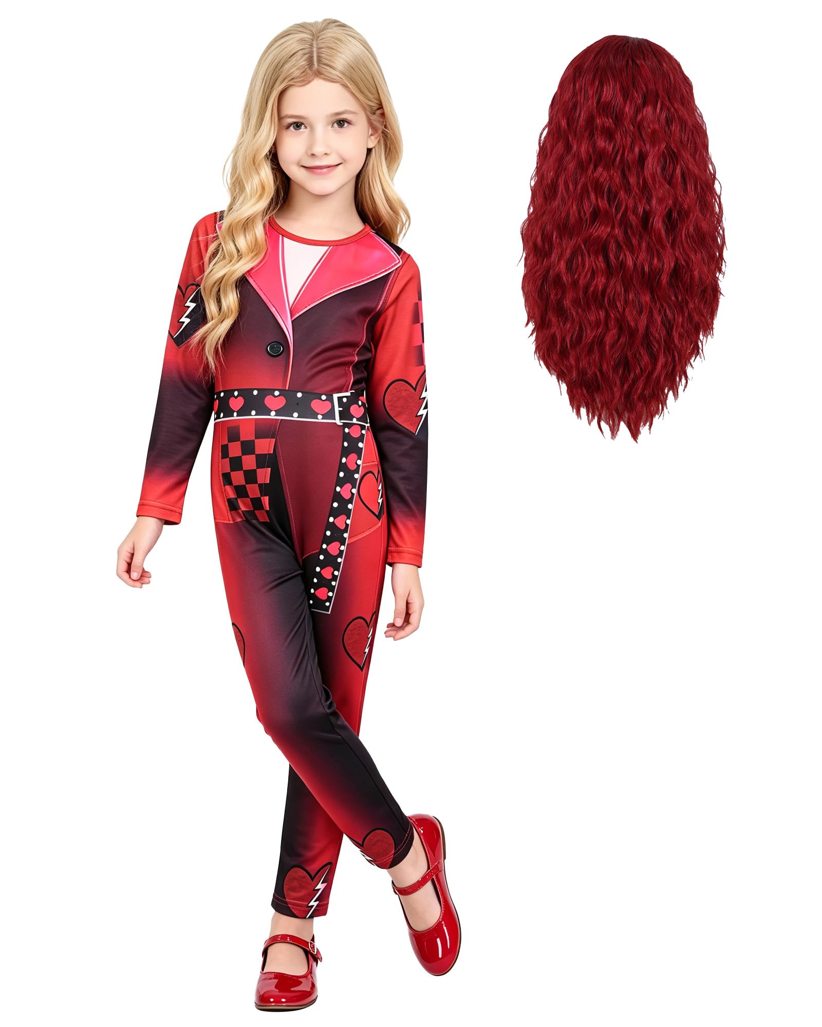 Red Wonderland Costume with Wig Girls Princess Dress for Kids 5-12 Years
