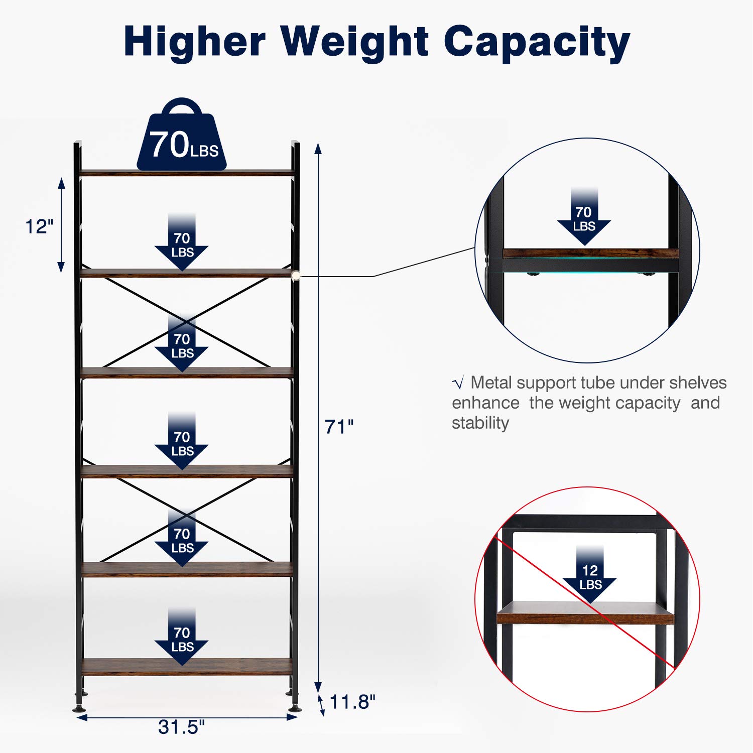 CosyStar 6Tier Adjustable Tall Bookcase, Rustic Wood and Metal
