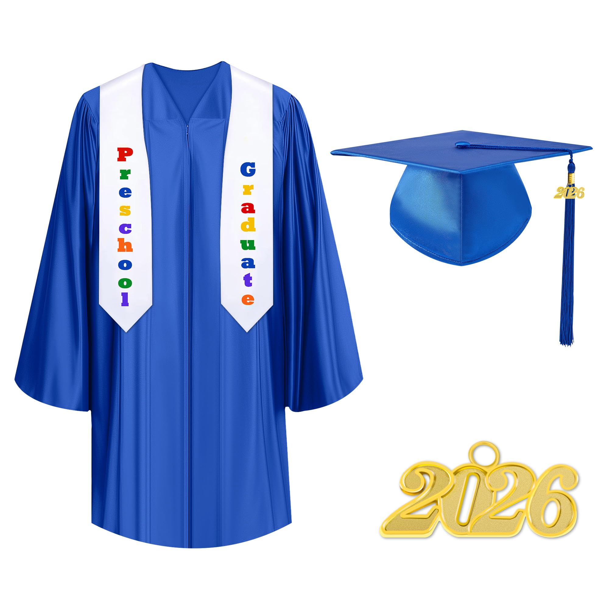 TngHui Shiny Kindergarten Preschool Graduation Cap Gown Stole with 2026 Tassel Certificate
