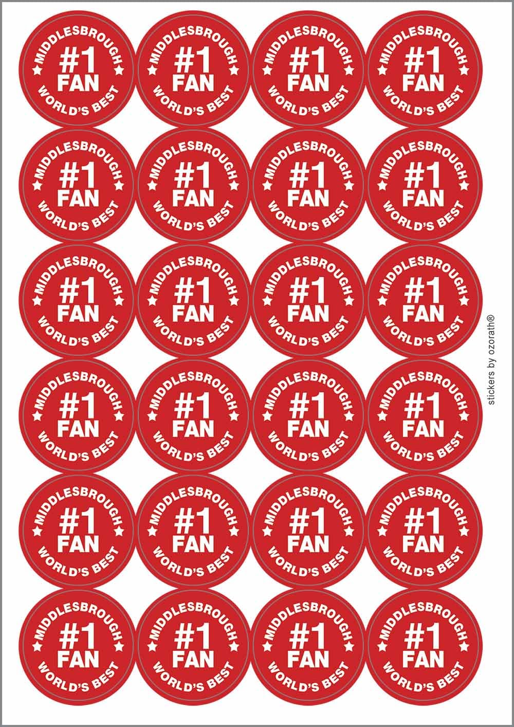 Middlesbrough #1 Fan Circular Matt Paper Stickers A4 Sheet of 24 (Each Sticker is 45mm Diameter)