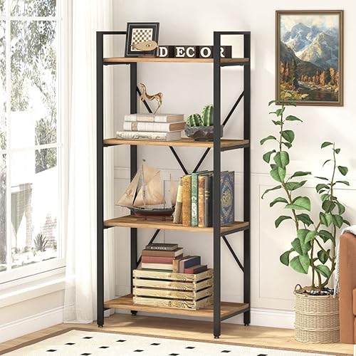 BON AUGURE Estantería industrial de 4 niveles, moderna estantería abierta Etagere, estantes de libros resistentes, estantería de metal de madera