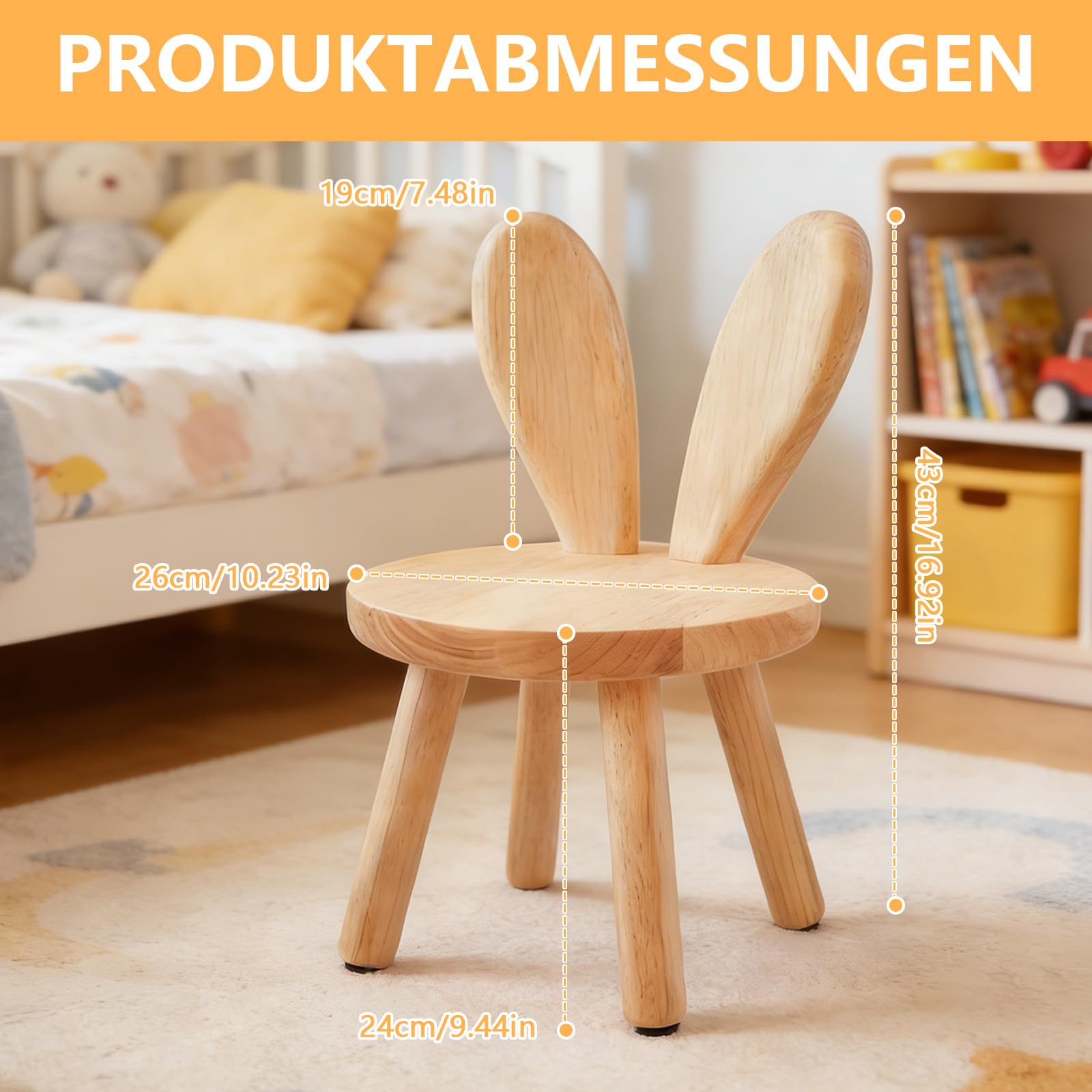 Kinderstuhl Holz, 43 x Ø 26 cm Massivholz Kinderstühle mit Hasenohren Rückenlehne, Kinderhocker für Kinder ab 2 Jahr Essen Malen Spielen