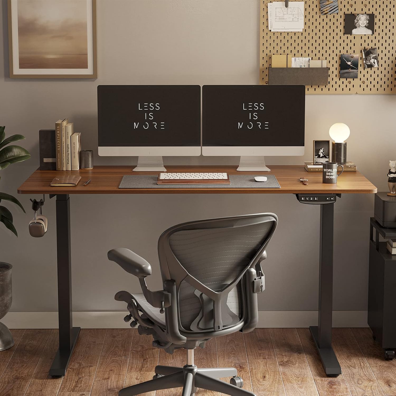 FEZIBO Height Adjustable Electric, 55 x 24 Inches Table, Sit Stand Home Office Desk with Splice Board, Black Frame/Espresso Top : Home & Kitchen