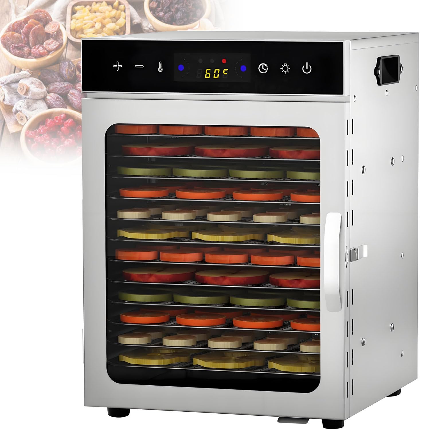 Essiccatore Alimentare Commerciale da 6/8/12/18 vassoi, essiccatore Alimentare in Acciaio Inossidabile - Temperatura Digitale Regolabile 30-90 ℃ per Frutta e Verdura 12-Trays