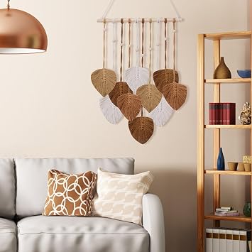 EaseMyKit Macrame Wall Hanging, Nursery Decor Leaves Woven Tapestry Feather Handmade Yarn Tassels Boho Wall Decor Leaves Art Decorations for Bedroom Living Room Apartment Home Backdrop(Autumn Brown)