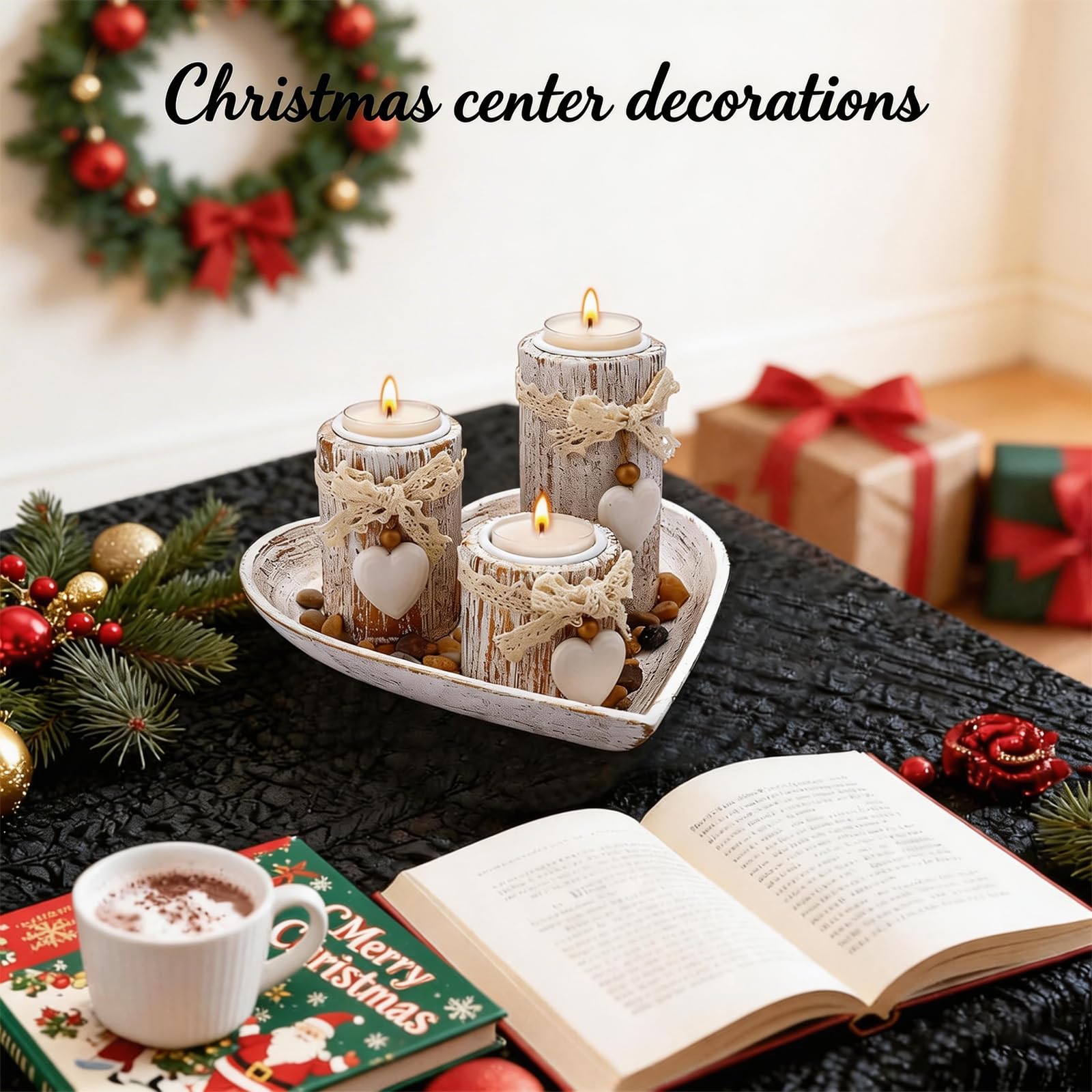 Set di 3 vassoi e portacandele in legno, a forma di cuore, per Natale, matrimonio e tavolo da pranzo