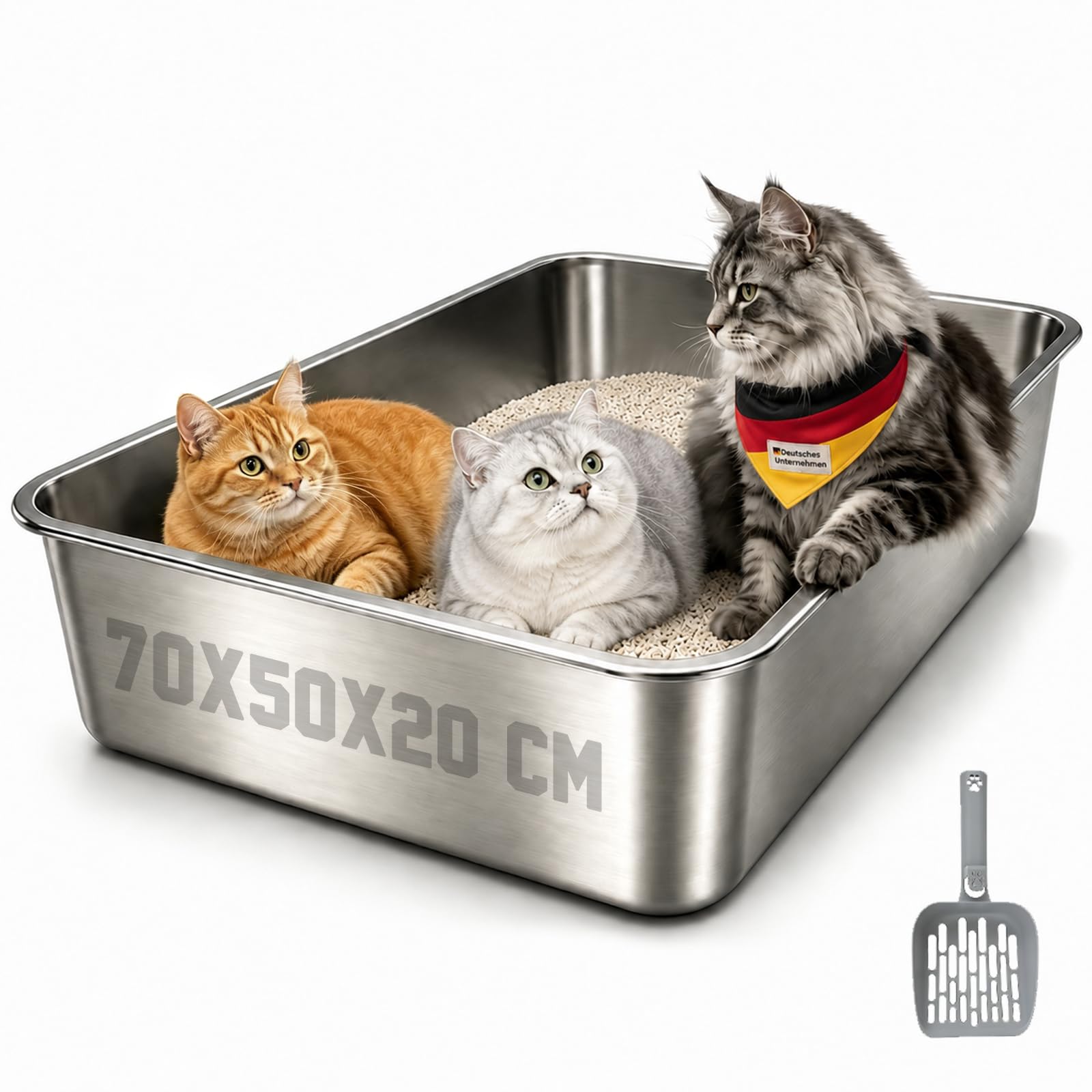 Premium XXXL Katzenklo Edelstahl, 70x50x20 cm Groß Katzentoilette mit Hohen Rand, Rostfrei, Antihaftbeschichtet, Leicht zu Reinigen, mit Schaufel für Große Katzen & Mehrkatzenhaushalte