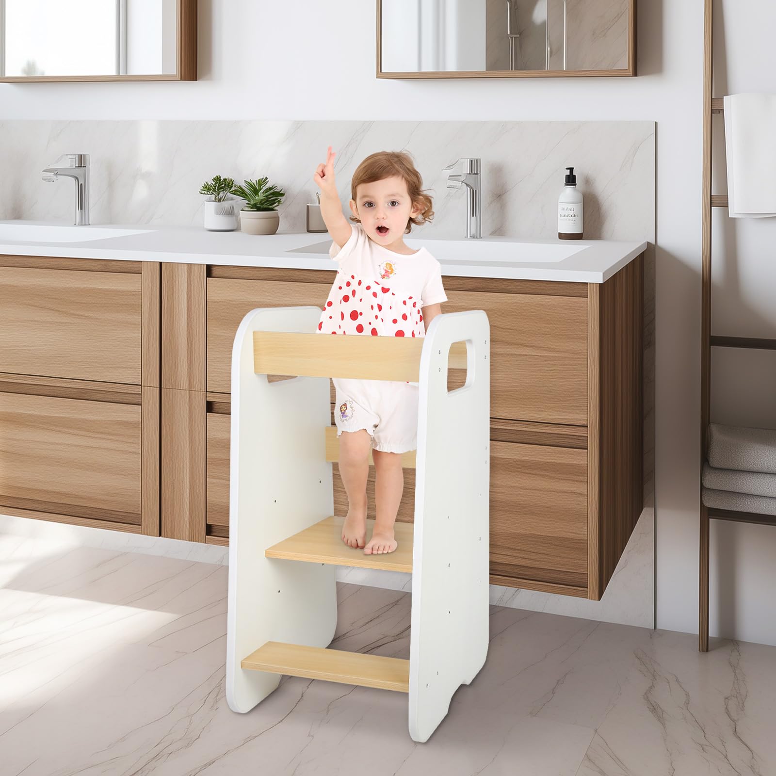 Lernturm aus Holz, höhenverstellbar – Beobachtungsturm für Kinder mit rutschfesten Streifen – Montessori Hocker für Kinder Baby ab Ständer – 90 x 42 x 40 cm, Weiß