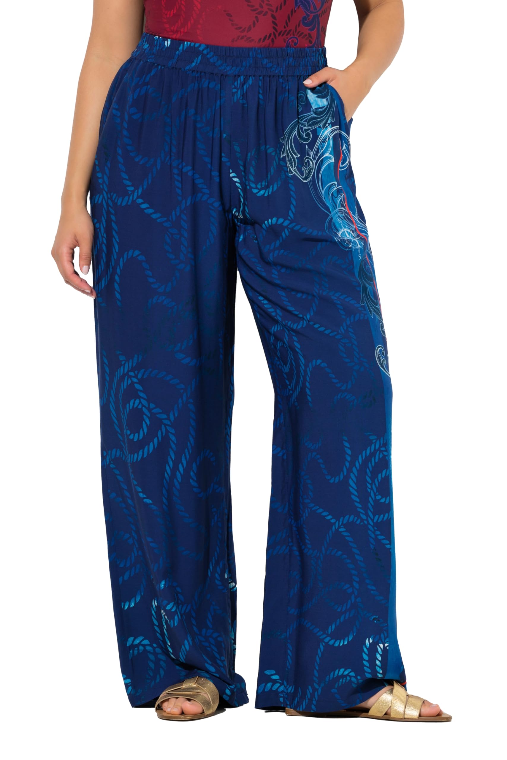 Ulla Popken Damen große Größen Übergrößen Plus Size Palazzohose, Kordelmuster, weites Bein, Elastikbund 846349