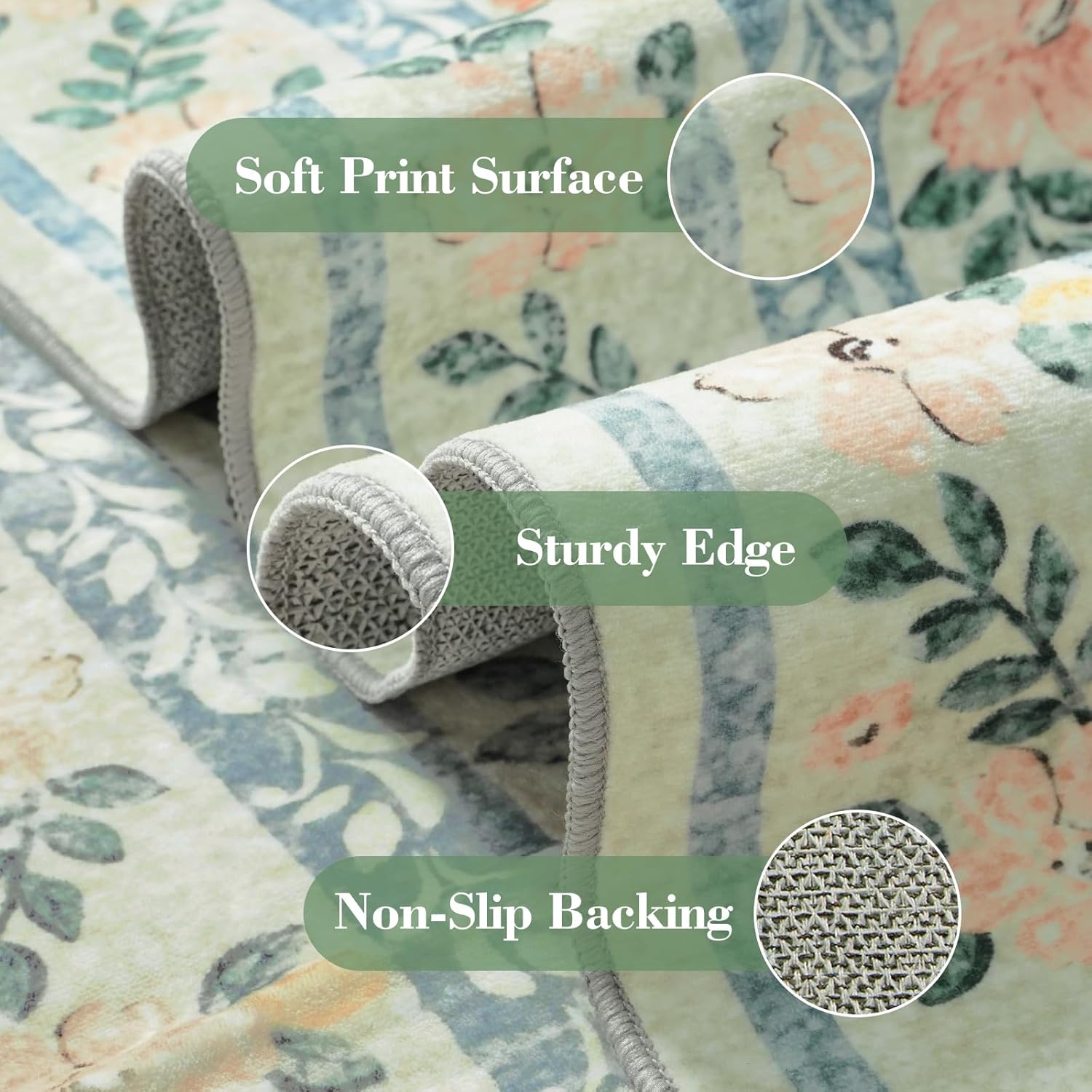 Wonnitar Boho Washable Rugs 8x10, Large Floral Rugs for Bedroom, 8 x 10 Soft Green Living Room Carpet, Non Slip Ultra-Thin Carpet for Kids Playroom Dorm Dining Room - Image 4