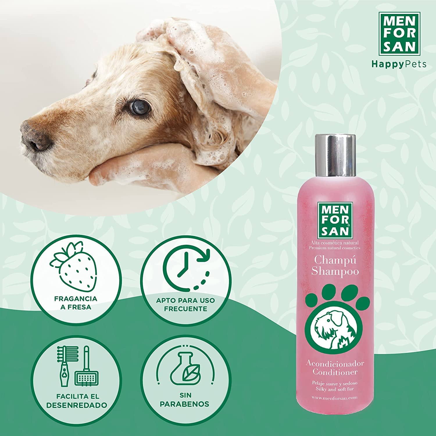 Menforsan champú Acondicionador 300ml | ph Neutro | colágeno Natural | glicerina Vegetal | desenreda el Pelaje | Fragancia de Fresa