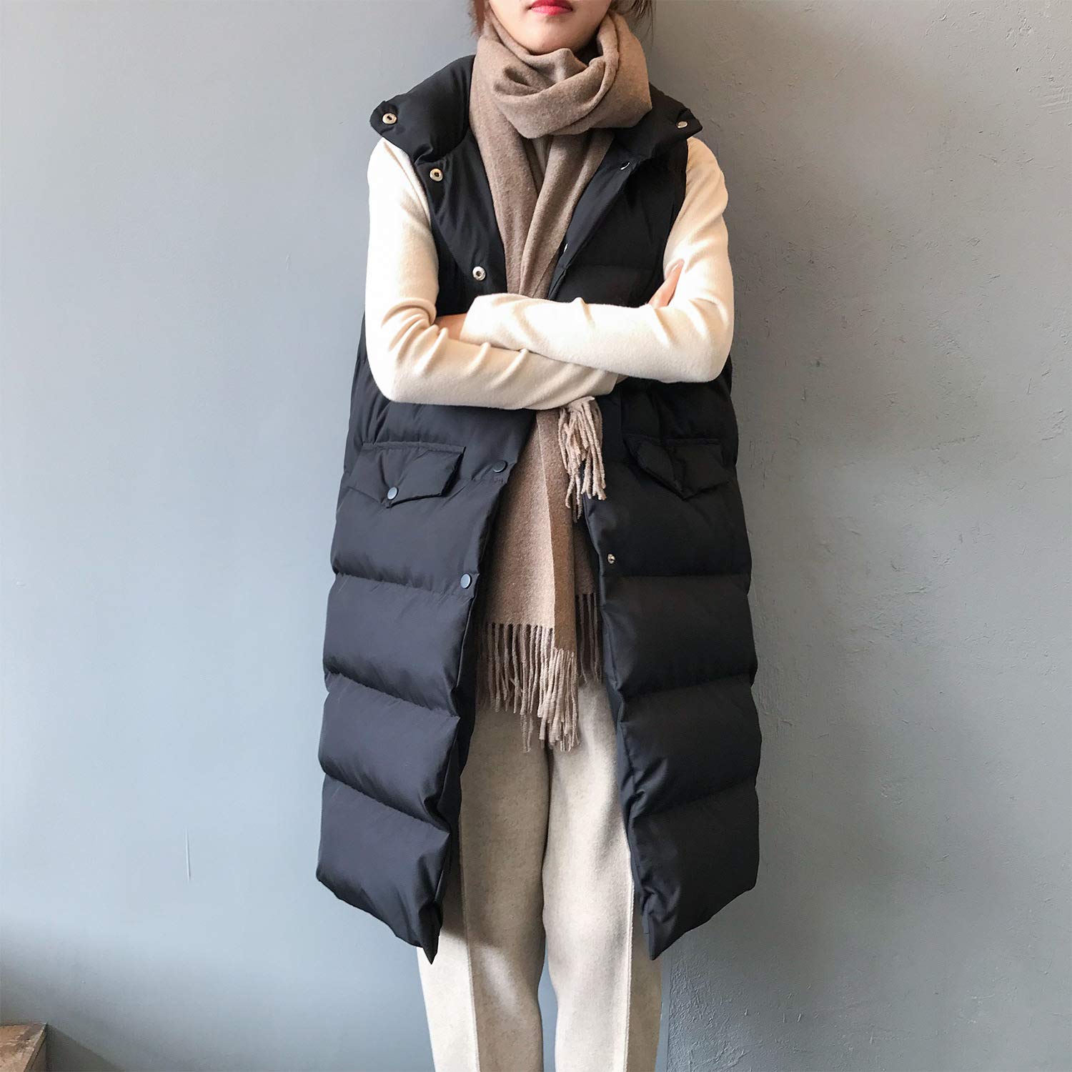 Gilet Invernale Lungo Da Donna, ​Invernale, Senza Maniche, Caldo, Con Tasche, Gilet Invernale Imbottito Lungo Trapuntato Giacca Da Donna Smanicato Piumino,Nero,M