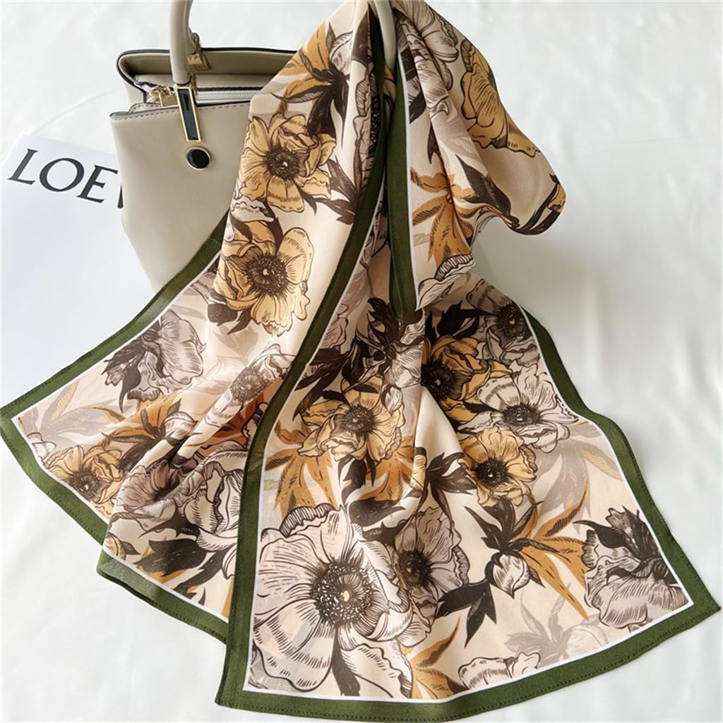 Soie Crêpe De Chine Floral Vert Foncé Bord Écharpes for Femmes Écharpes Longues Polyvalentes Petites Écharpes Longues