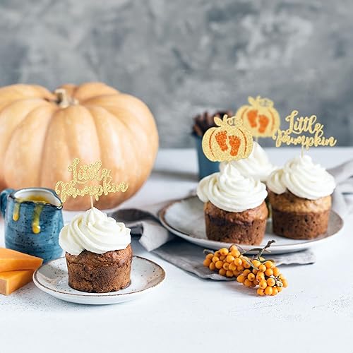 Miniatura 5 de 24 adornos para cupcakes de calabaza con purpurina para cupcakes, calabazas pequeñas, decoraciones de baby shower, temática de cosecha de otoño,