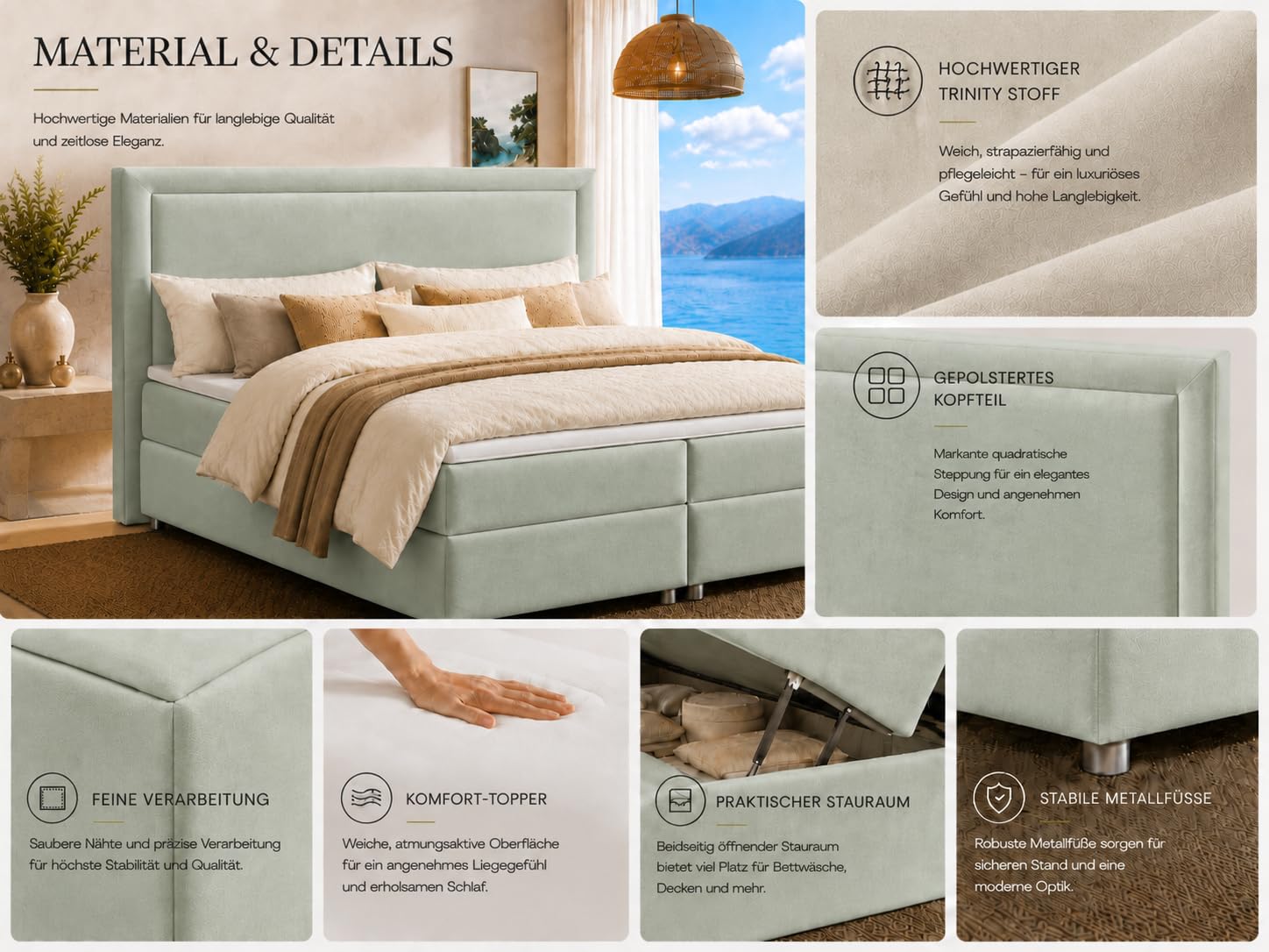 Trinity K-3 Boxspringbett 180x200 cm mit Topper und Stauraum