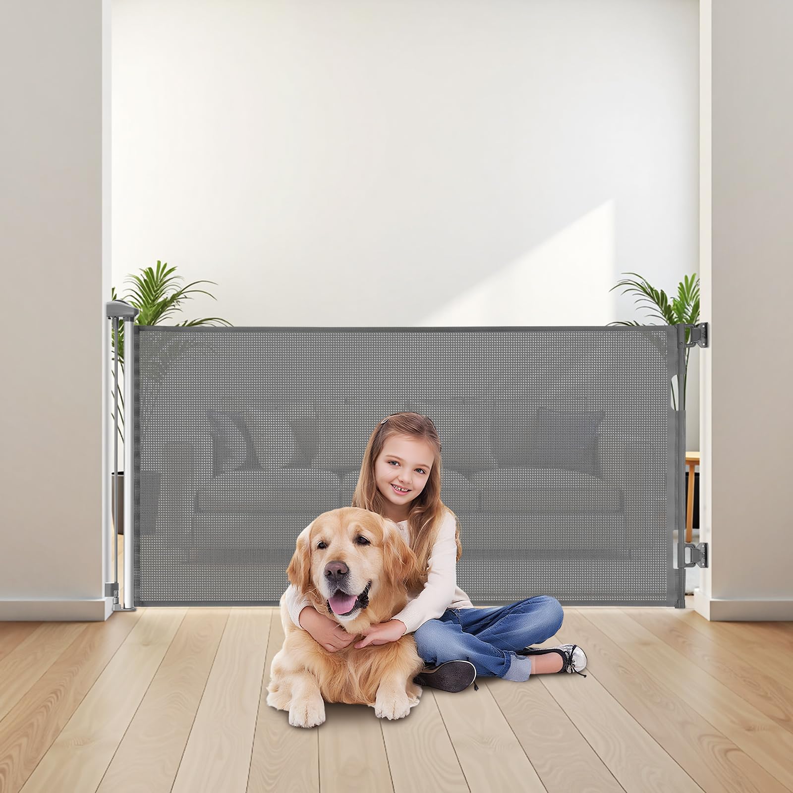 VEVOR Cancelletto Retrattile, Estensibile Fino a 1850 mm di Larghezza, 795 mm di Altezza, con Blocco di Sicurezza, Attraversabile Senza Inciampare, Cancelletto in Rete per Cani Scale, Grigio