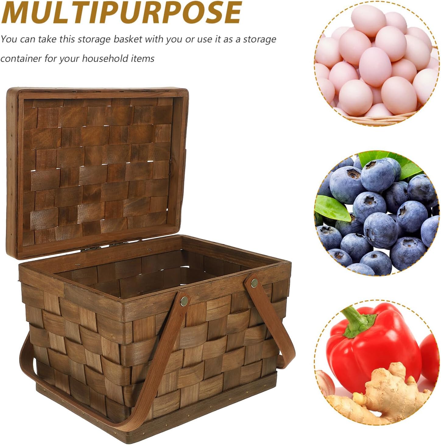Ciieeo Wood Chip Woven Picnic Basket with Lid and Double Handles, Dark Color Multipurpose Storage Basket for Outdoor, Home Organization and Snack Serving