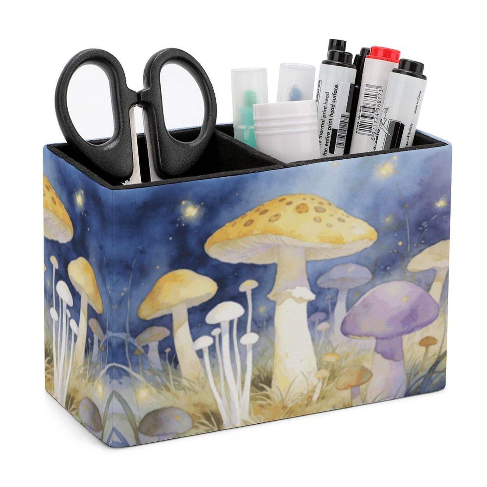 LZQPOEAS Exquisite Patterns PU Leather Pen Holder, Multifunctional Desktop Organizer Caddy with 2 Compartments, Mushroom Pencil Cup Makeup Brush Holder for Office Home
