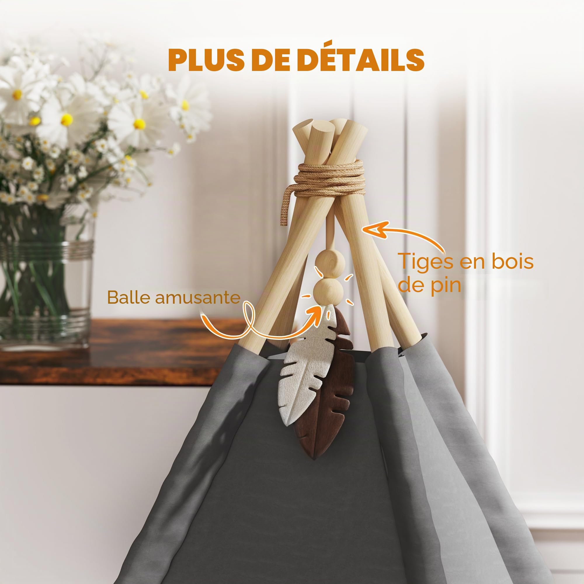 PawHut Tipi Tente pour Chats jusqu'à 5kg 60x60x76cm Gris | Tente chat avec coussin amovible lavable, fond antidérapant, balle, pour mini chiens