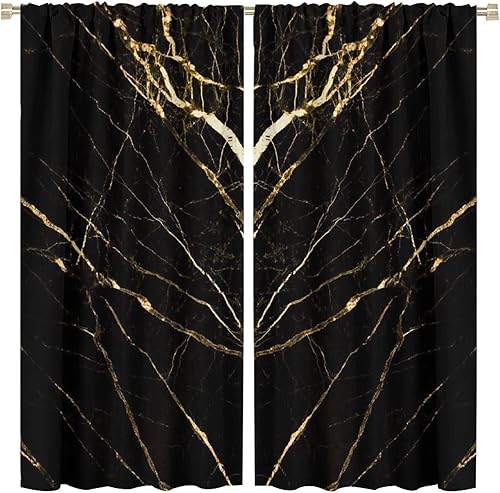 Cortinas de mármol negro dorado, textura de tinta agrietada, lámina dorada a rayas, decoración abstracta de lujo, 2 paneles de 42 x 45 pulgadas
