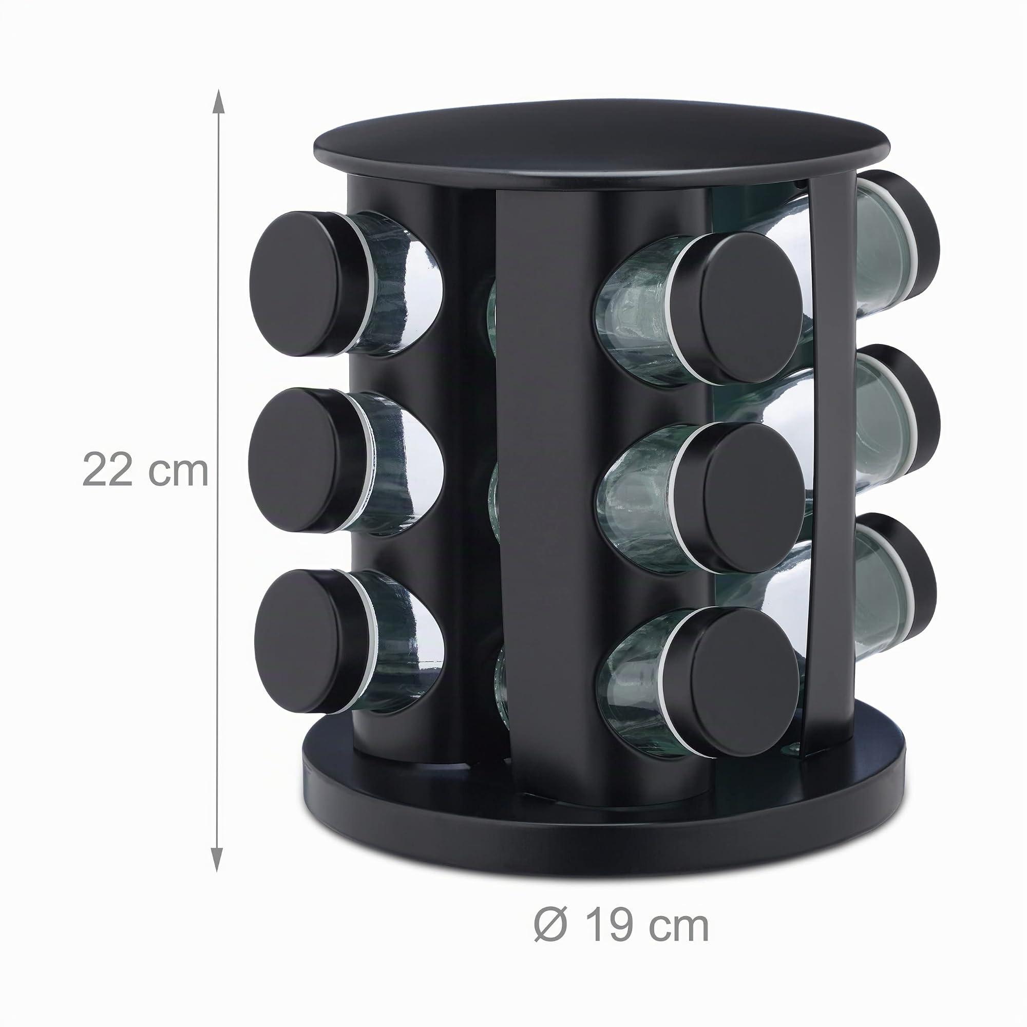 Relaxdays Portaspezie da Cucina, 12 Barattoli di Vetro, Girevole 360°, Fori Spargispezie, HD 22x19cm, Acciaio Inox, Nero