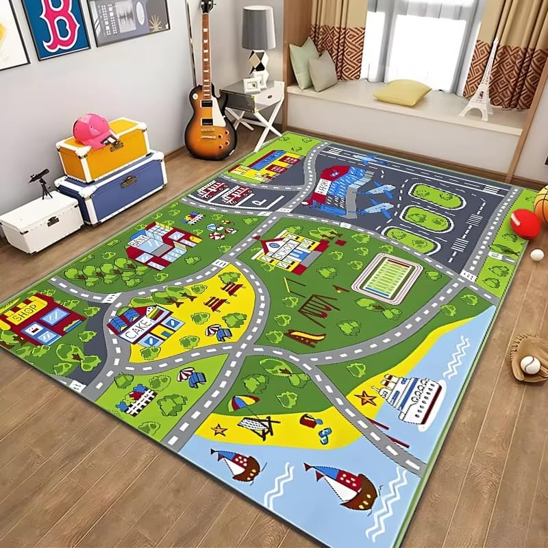 Tapis imprimé éducation enfants 140x200cm avec circuit routier détaillé