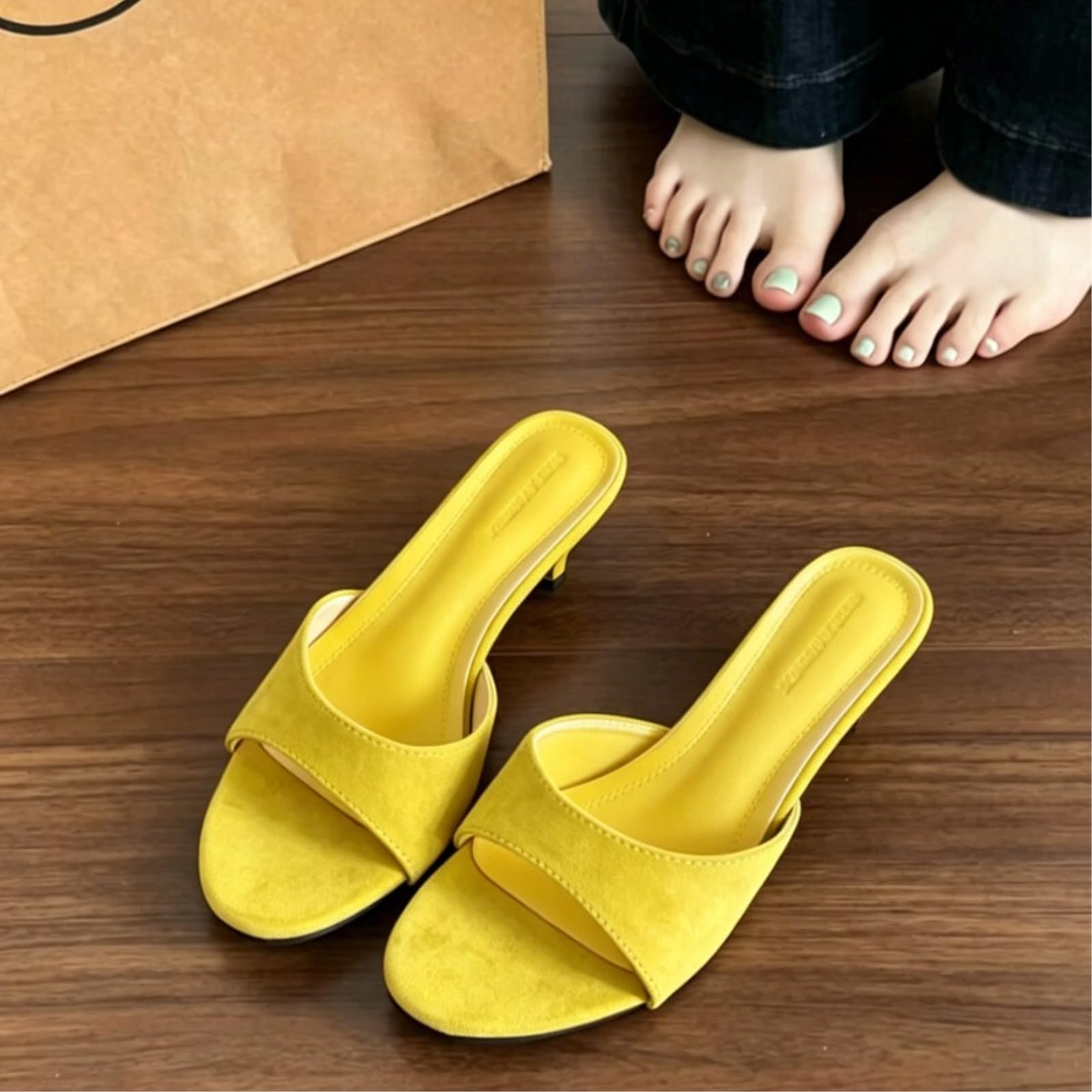Damskie kapcie mule obcas kotek z rumianku, ślizganie się po slajdach eleganckie na co dzień, letnie wakacje plaża impreza sukienka buty dla kobiet-apricot-39