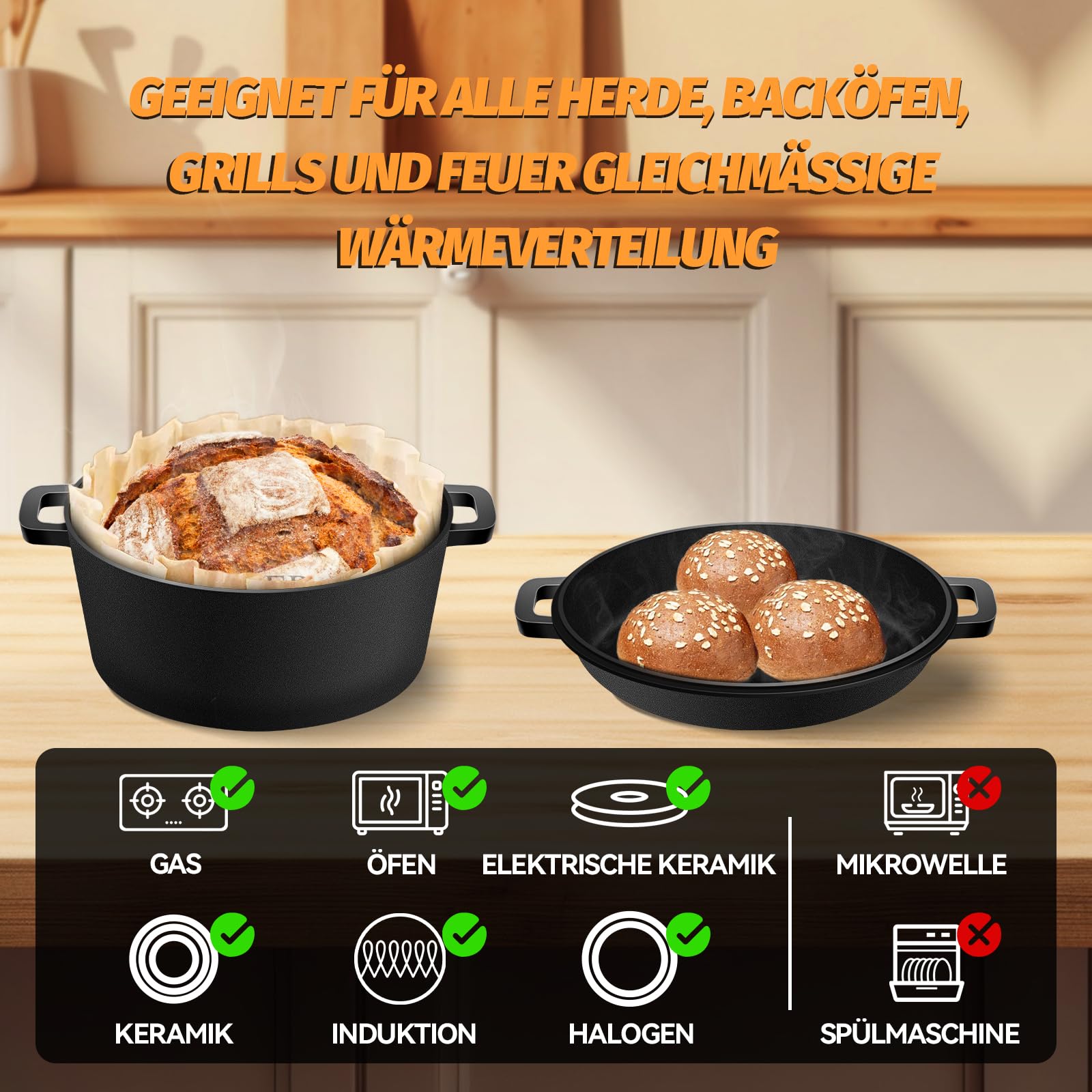 NZQXJXZ Gusseisen Topf Brot Backen Dutch Oven für Brotbacken, 26cm Brotbackform mit Banneton Brot Gärkorb Sauerteig Brotbacken Zubehör, 2-in-1 Brotbacktopf mit Pfanne Deckel Kochen Pan