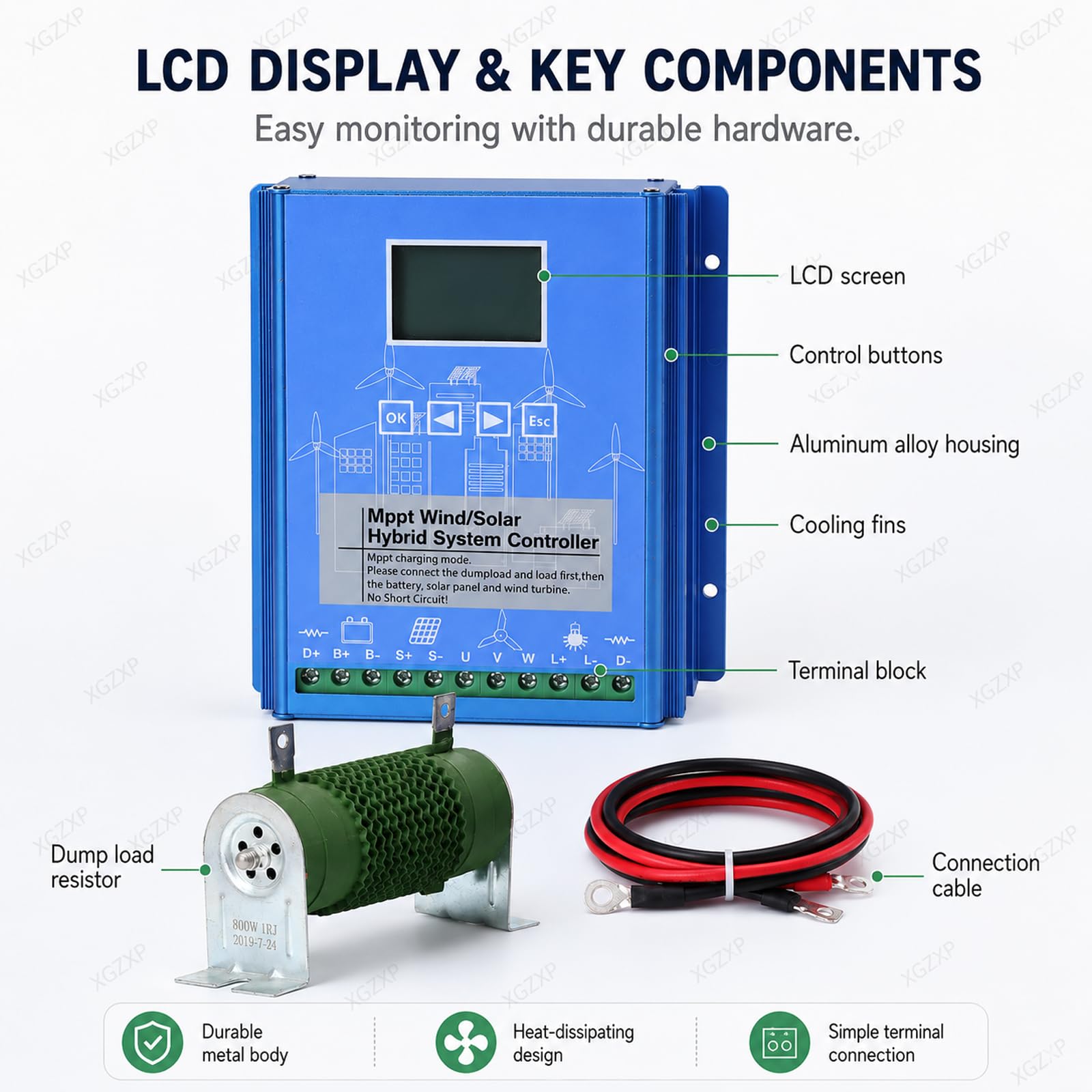 Hybrydowy kontroler energii wiatrowo-słonecznej z rozładowywaniem, hybrydowym kontrolerem ładowania słonecznego i wiatru, wyświetlacz LCD 12 V/24 V/48 V, MPPT Boost, do domków, łodzi