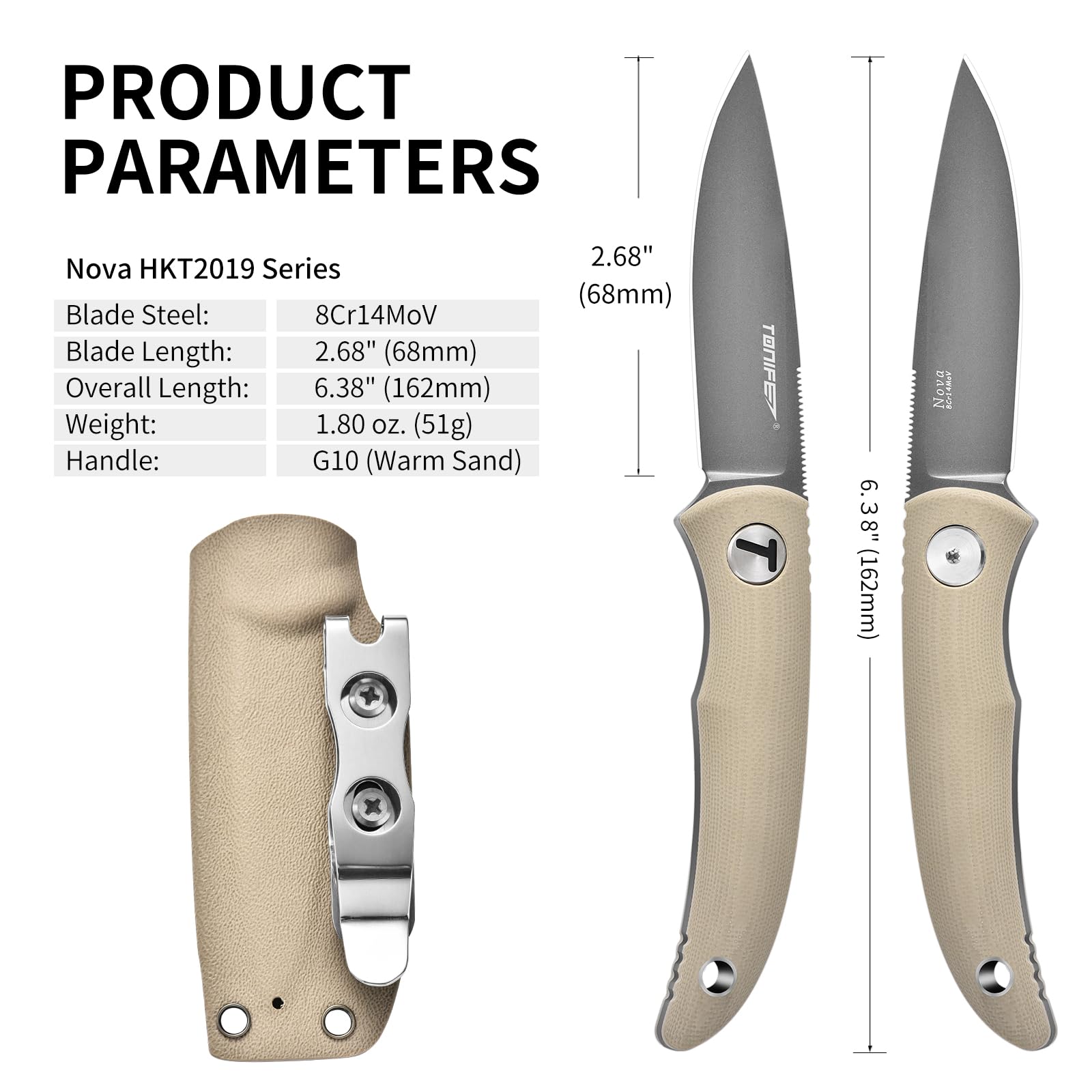 TONIFE Nova 2.68'' Blade Mini Neck Knife Knife Full Tang Fixed Blade Knife with Kydex Sheath and Adjustable Paracord Lanyard for Camping Outdoor Survival Tool (Warm Sand+Gray Titanium)