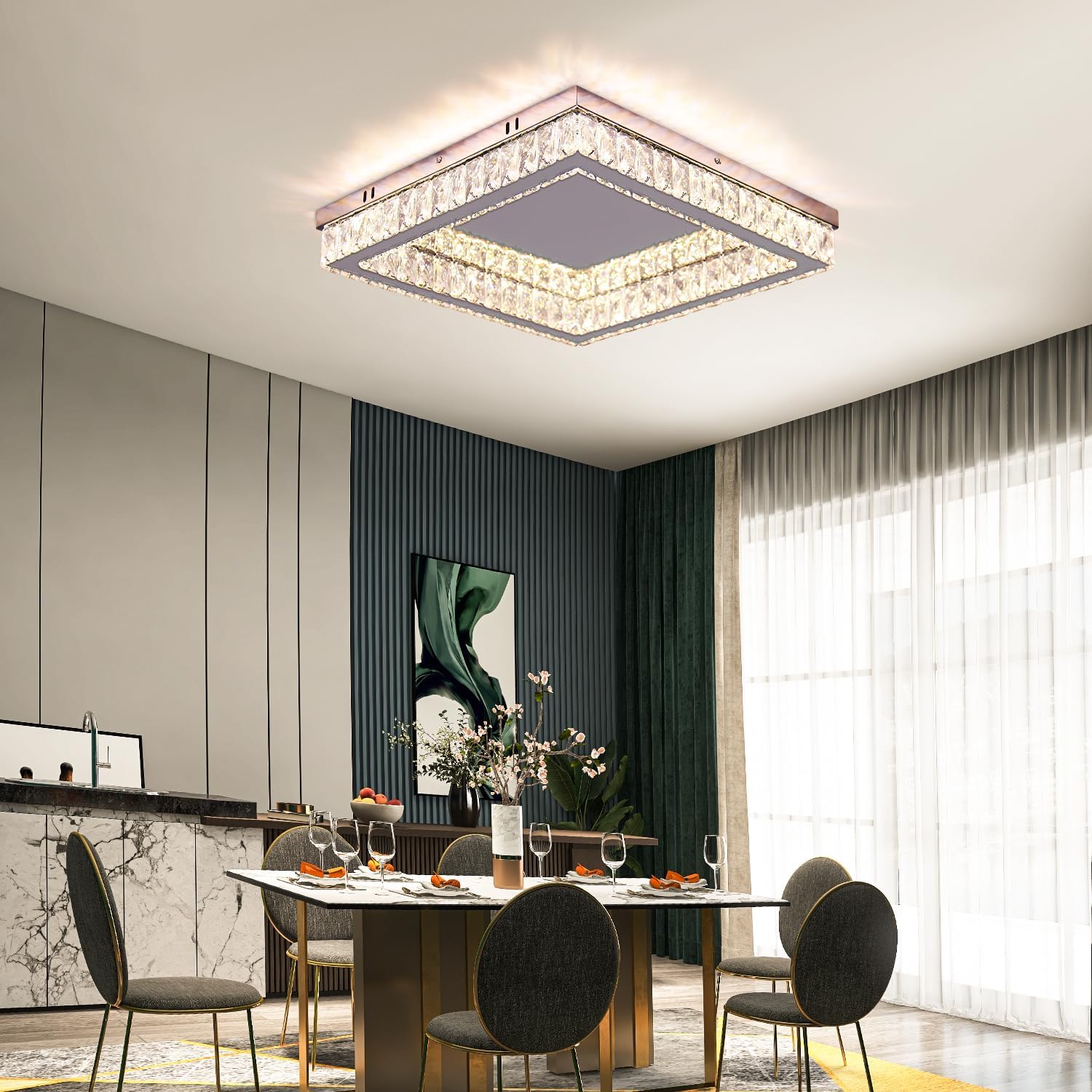Finktonglan Plafón LED de cristal K9 cuadrado 45×45 cm, 2×28 W regulable 3000–6500 K con mando/APP, semiempotrado de perfil bajo en acero inoxidable para salón, dormitorio y comedor