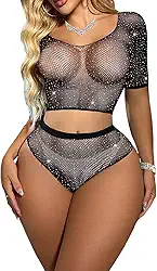 Conjunto de lingerie feminina sexy de duas peças com strass brilhante, conjunto de lingerie arrastão de malha transparente para festa de clube, Preto, Tamanho Único