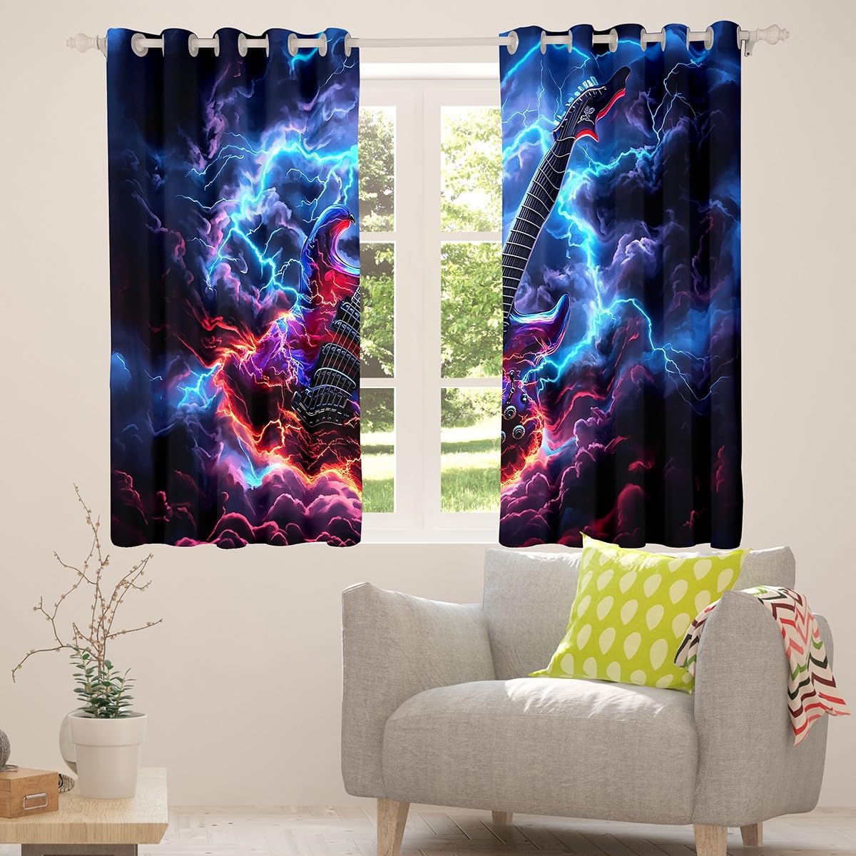 Tende per finestre con chitarra elettrica, fiamme fulmini per ragazzi e ragazze, con musica rock, decorazione per la casa, tende per finestre per soggiorno e camera da letto, 167 x 228 cm