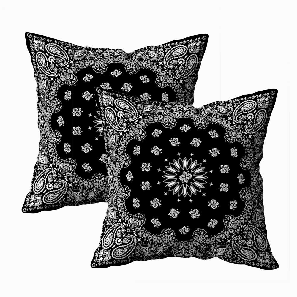 TOMWISH Paisley Pillow Covers 18X18 Set of 2 Black Bandana with White Ornaments Farmhouse Throw Pillow Covers Outdoors Decorative Cushion Case for