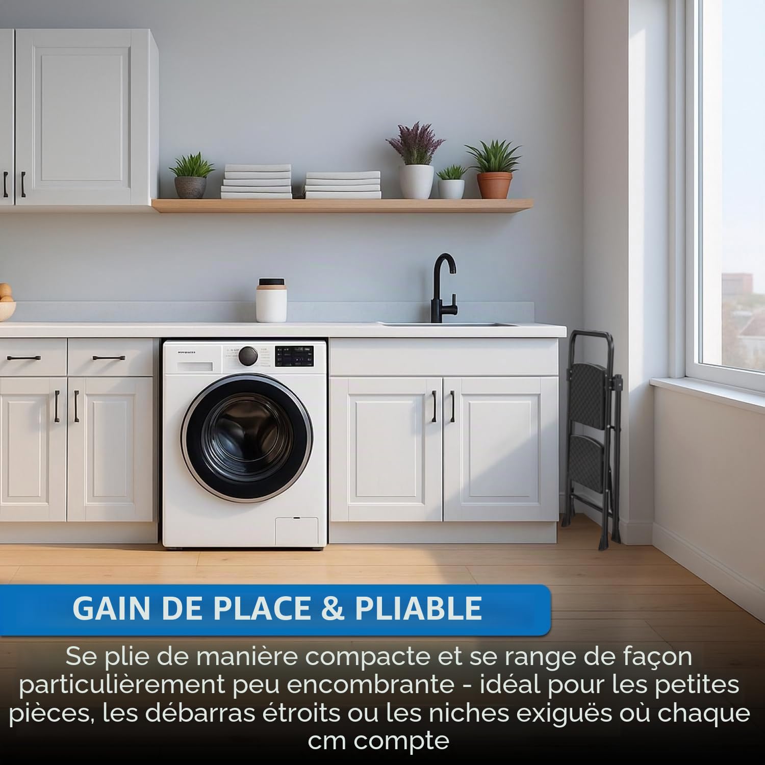 kör4u Escabeau à 2 marches, charge maximale jusqu'à 150 kg, pliant et peu encombrant, escabeau domestique stable, marches antidérapantes, cadre en acier, noir