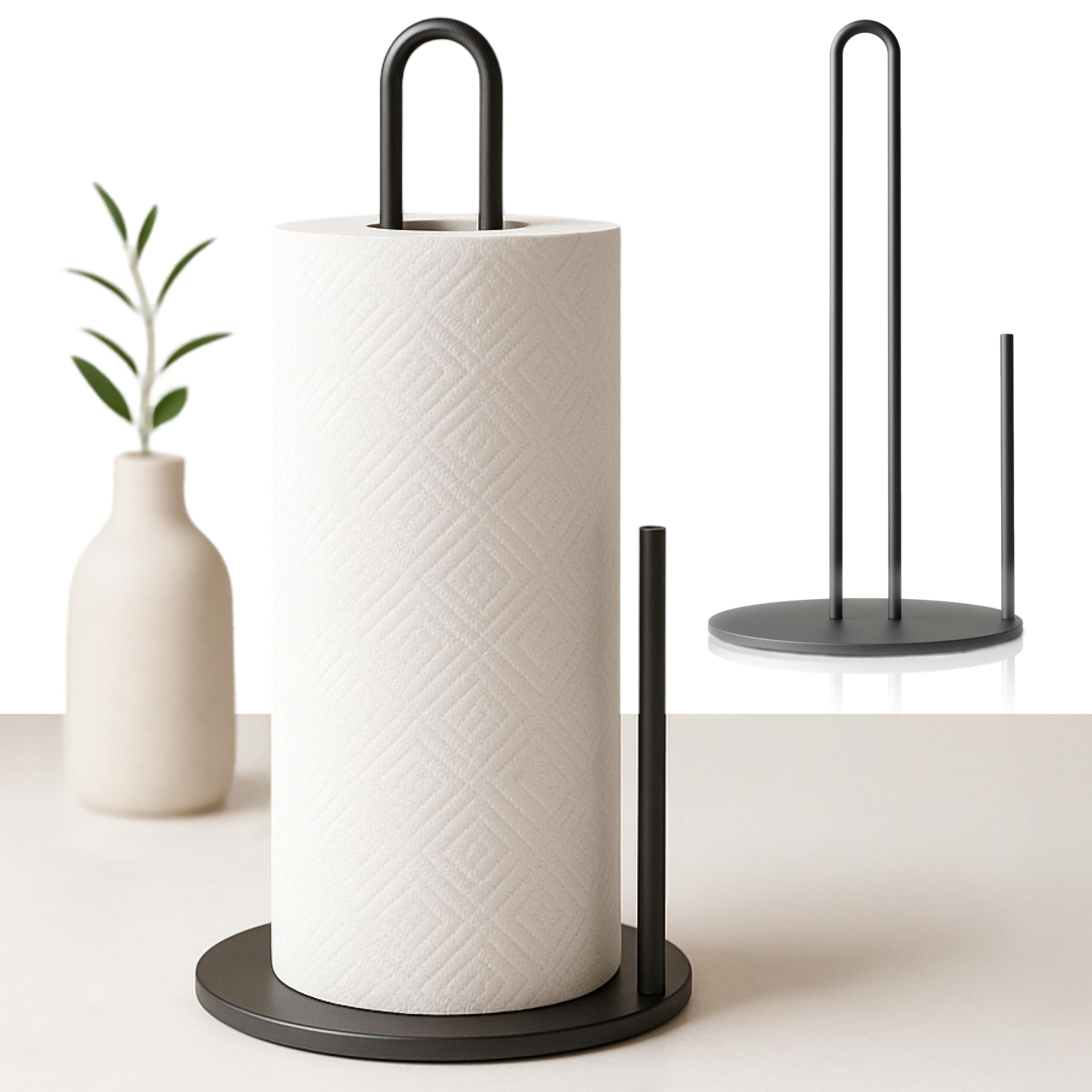 Libken Papertowel Holder for Kitchen, Black Powder Coated Steel, Minimal Scandinavian Design Paper Towel Stand, Easy Assembly, Weighted Paper Towel, Stable Countertop Holder