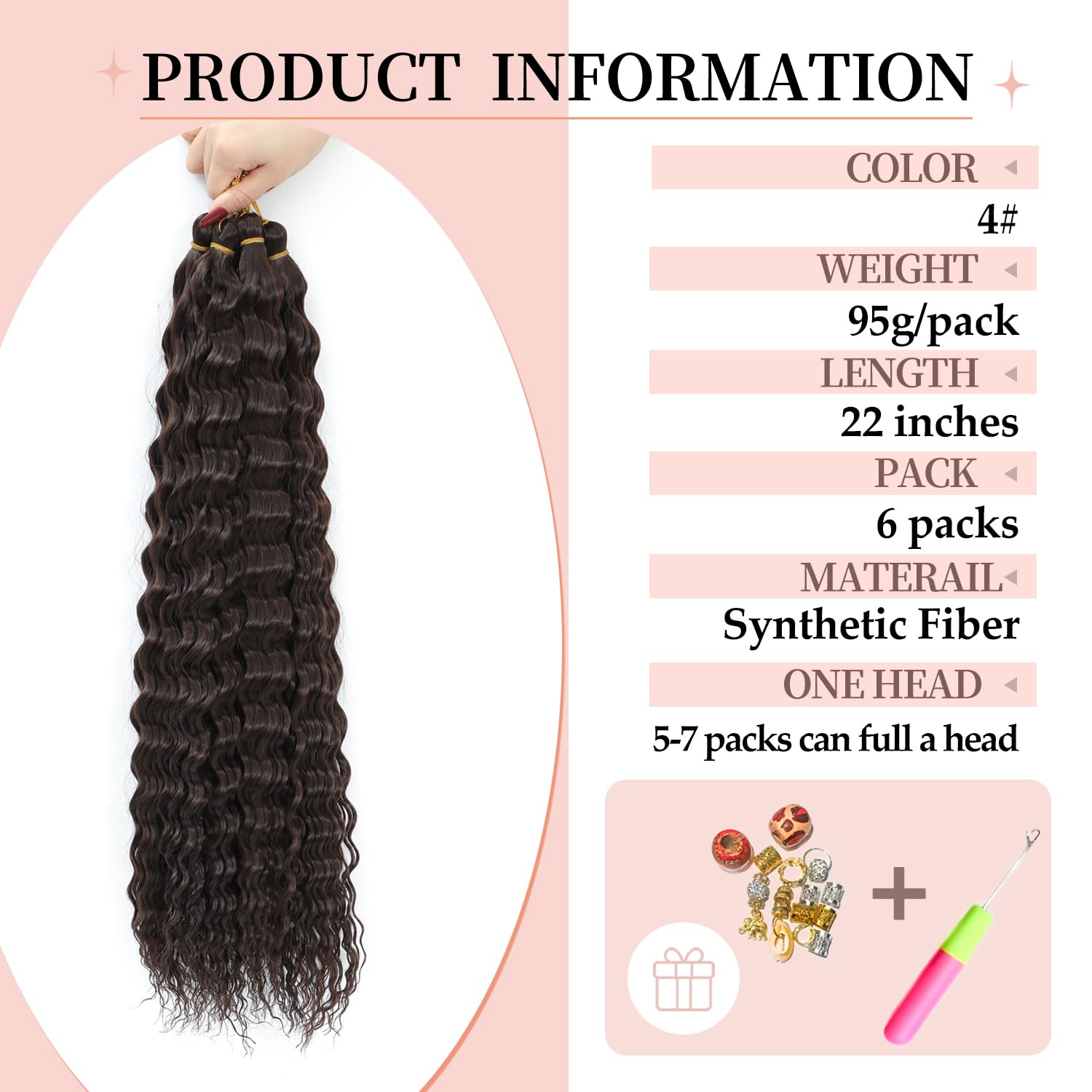 AMLUCKS 6pcs Deep Wave Braiding Hair for Black Women Girls Synthetic Ocean Wave Crochet Hair Extensions for Boho Braids (4#, 22inch-6) - Image 2