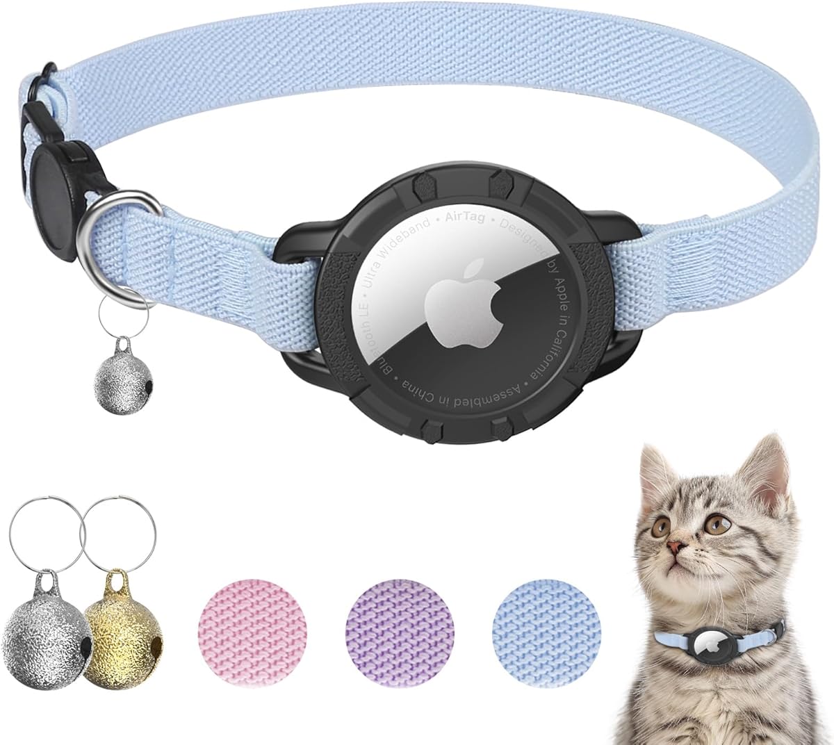 AirTag Cat Collars, Stretchy Collar with Apple AirTag Holder and Bell, Breakaway Ultra Design Elastic GPS Tracking Collars for Cats and Puppies, (7.5-12.5 Inch), Blue