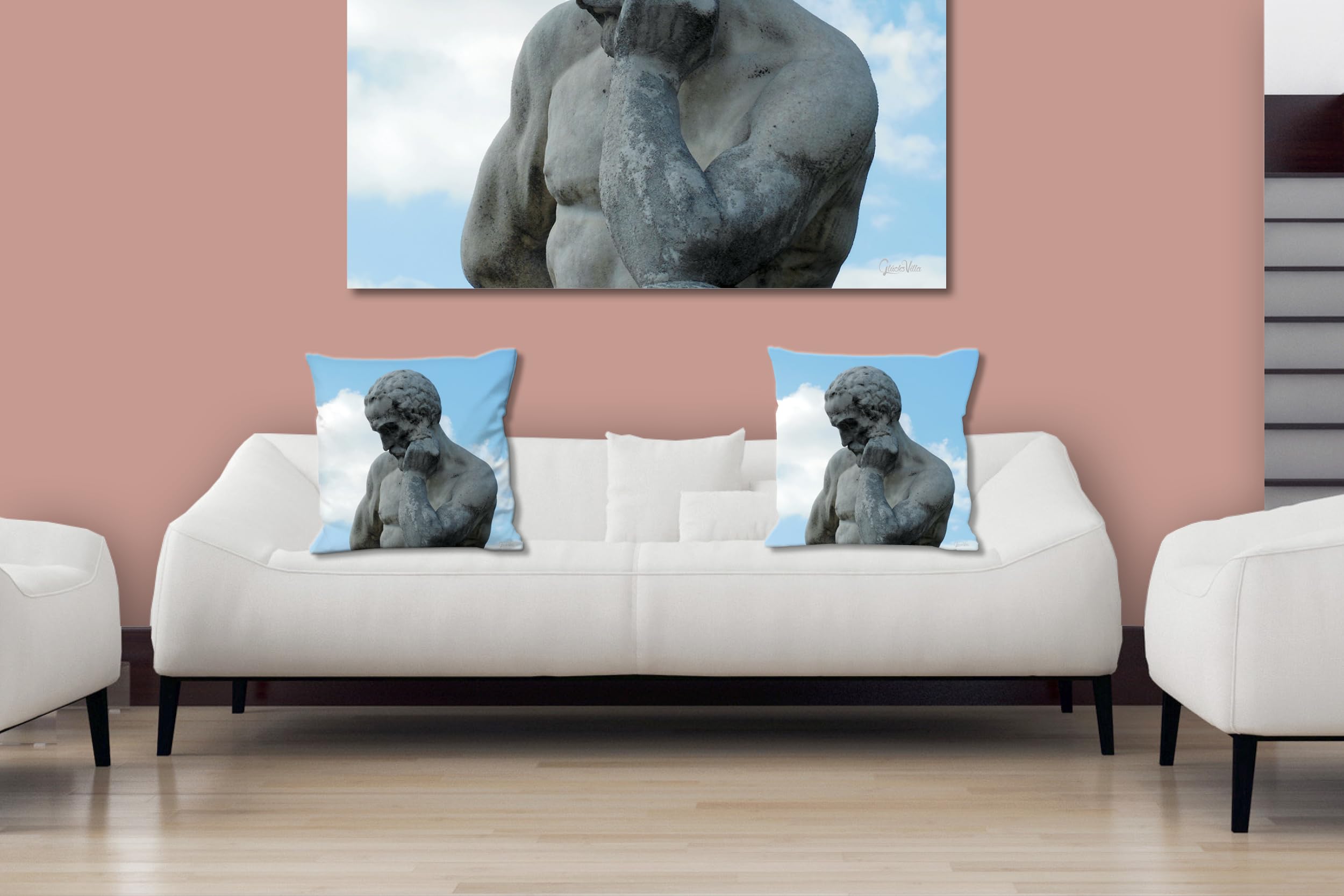 Denk nach! - Foto-Kissen-Hülle Set (2 STK.) 40 x 40 cm | Kissen-Bezüge - passend zu Wandbild - Deko-Kissen - Paris Stutue Denker Steinfigur Kunst