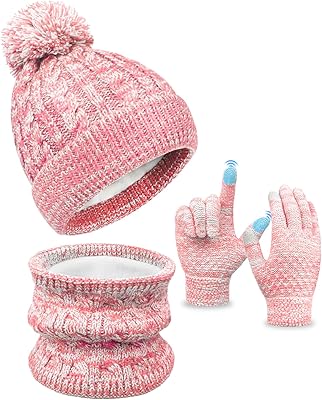 Kids Winter Hat Gloves Scarf Set, Toddler Children Girls Boys Beanie Hat Knitted Mittens & Neck Gaiter Warmer for Kids 3-10