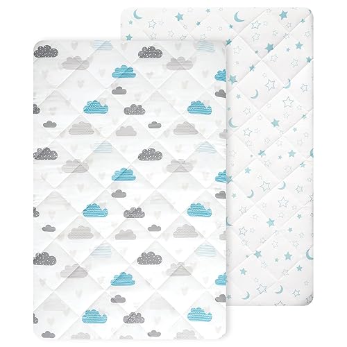 TILLYOU Pack n Play Sheets - Paquete de 2 sábanas gruesas para cuna, sábanas acolchadas suaves con bolsillo profundo de 1 a 3 pulgadas, protector de