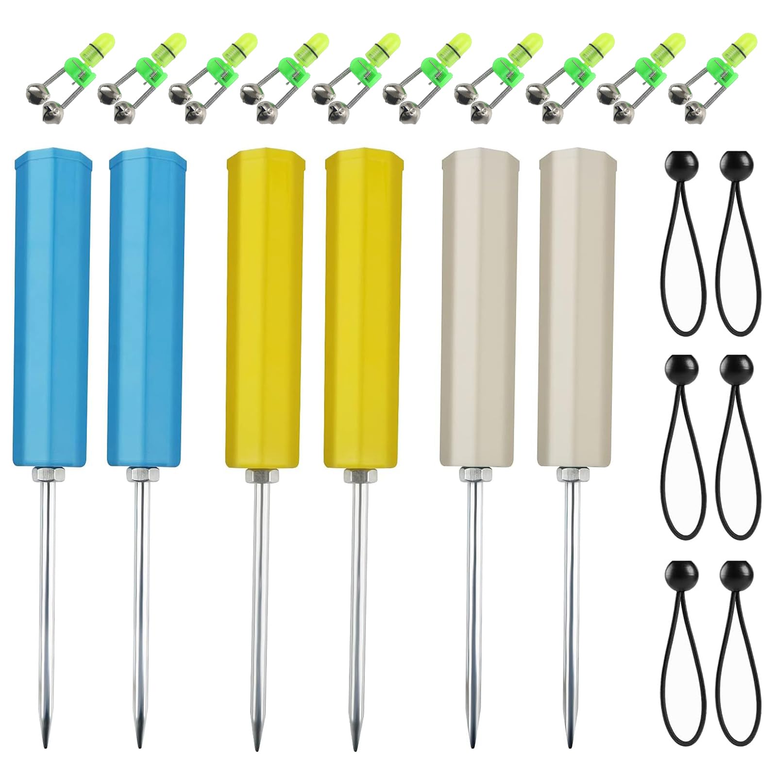 6pack Fishing Rod Holder Ground Support with Bite Alarm Bells, Bungee Cords